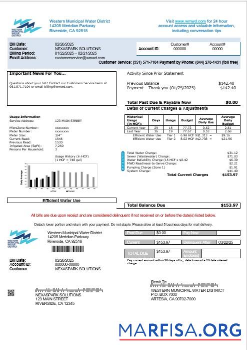 Blank USA Western Municipal Water District business utility bill template in Word and PDF formats